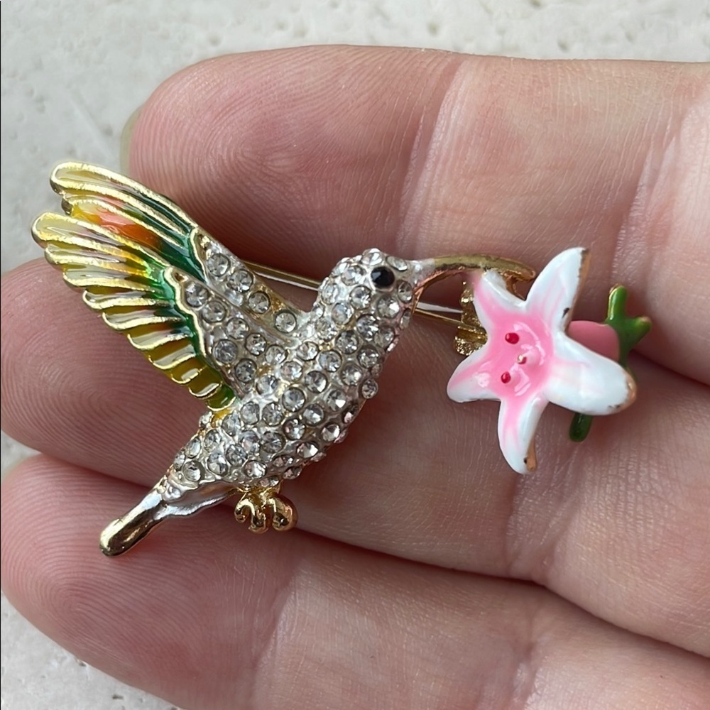 Gold and Pink Hummingbird Brooch with Crystal Details